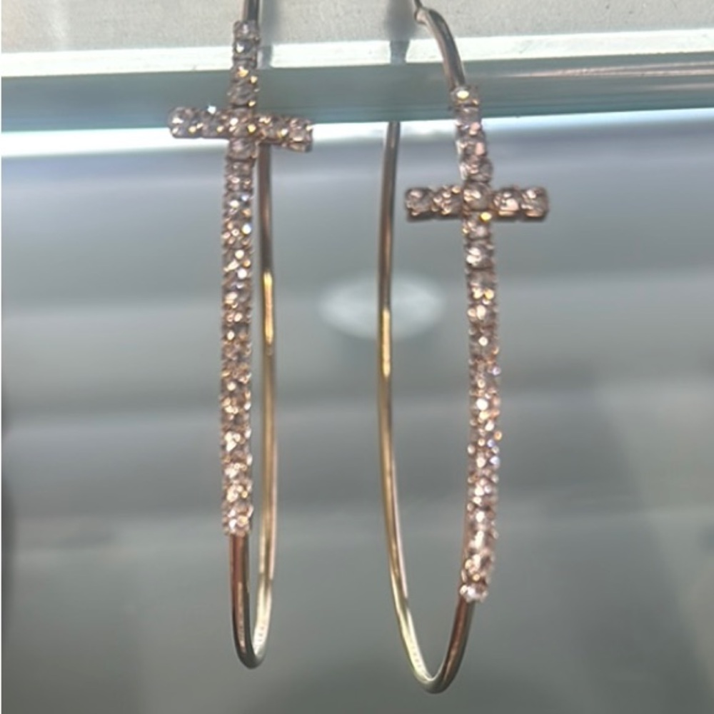 Gold Hoop Earrings with Cross Design